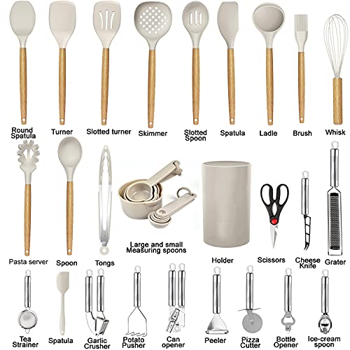 BESTZMWK Khaki 35-Piece Kitchen Utensil Set Silicone & Wooden Handles