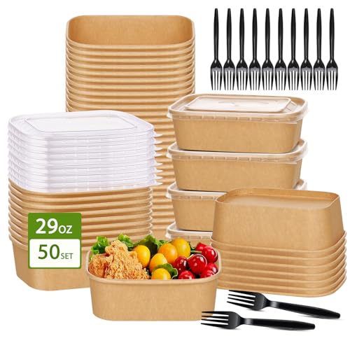 29oz Disposable Kraft Paper Meal Prep Containers with Lids & Forks — 50 Pack