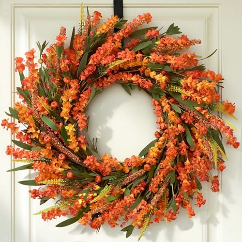 Orange Fall Wreath 24 Inch Front Door Decor - Handmade Autumn Wreath