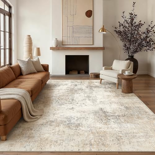 8x10 Beige Brown Abstract Washable Area Rug for Living Room - Non-Slip, Modern Pattern
