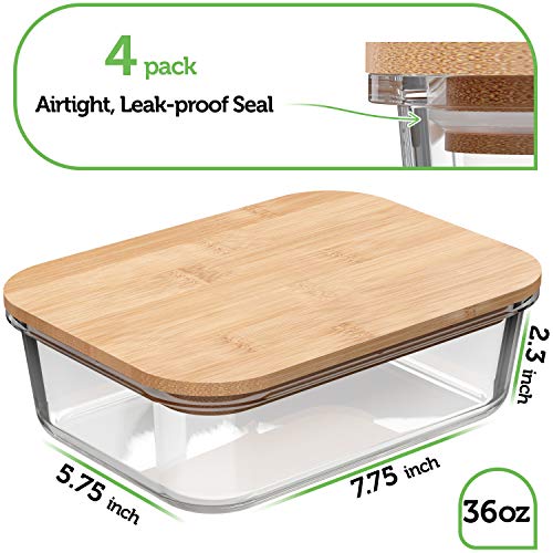 36 oz Glass Food Storage Containers with Bamboo Lids - 4 Pack Eco-Friendly Airtight Meal Prep
