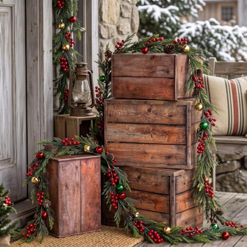Christmas Stacking Gift Boxes with 6ft Red Berry Garland Decor Set