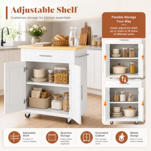 White 26-In Kitchen Island Cart with Lockable Casters & Adjustable Shelves