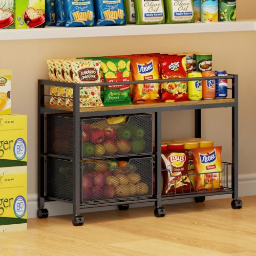 Laaoyuukee 3-Tier Rolling Snack Cart with Metal & Wooden Top for Pantry & Kitchen Storage