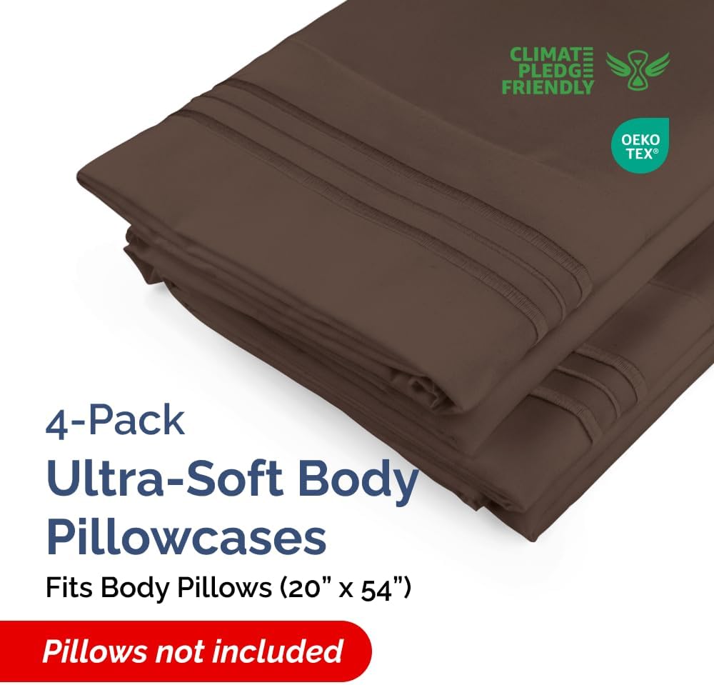 Skiennix Body Pillowcases Set of 4 | Soft, Breathable 20x54 Long Pillow Covers for Side Sleepers - Machine Washable, Fade-Free (Brown)