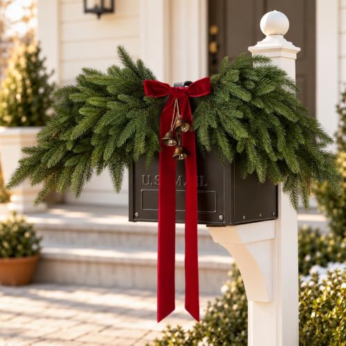 Christmas Garland with Red Velvet Bow and Bells, Artificial Pine