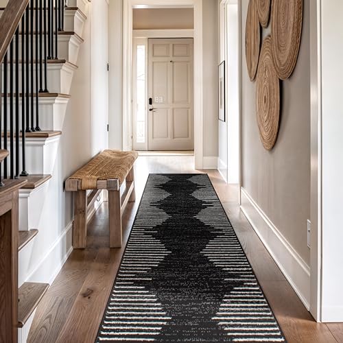 Bohemian Stripe Runner Rug 2'7 x 10' - Stain Resistant, Black, Durable