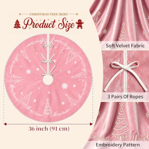 TenGlow Pink Velvet Christmas Tree Skirt 36 Inch Snowflake Embroidery - Holiday Decor
