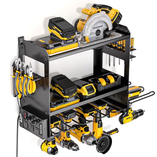 Wall Mount Power Tool Organizer with Charging Station Black - Heavy Duty Drill Rack & Battery Storage