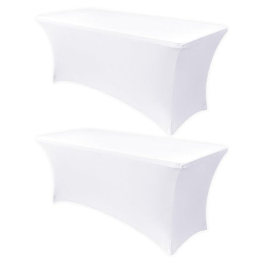 Obstal 4Ft Stretch Spandex Table Cover for Standard Folding Tables - 2 Pack Universal Rectangular Fitted Tablecloth for Party, Banquet, Events, Trade Show (White, 48L x 24W x 30H Inches)