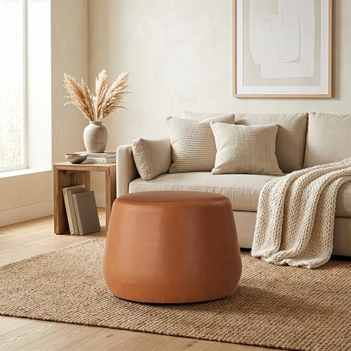 24-Inch Thimble Ottoman with Vegan Leather - Carmel, Fully Assembled
