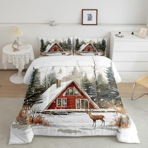 Manfei Cute Deer Bedding Set Queen – Green Red 3pc Comforter Set with Pillowcases, Kids Room Quilt