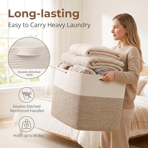 Cotton Rope Storage Basket 108L for Living Room & Bedroom - Brown & White