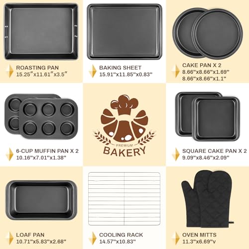 Gymdin Charcoal Nonstick Bakeware Set 12 pcs Carbon Steel Baking Pan Set with Cooling Rack & Oven Mitts