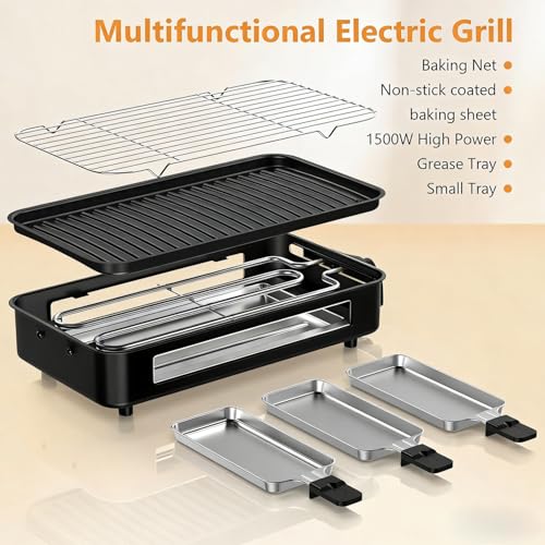 NAUQUOHZ Black 1700W Smokeless Indoor Electric Grill with Removable Non-Stick Grates