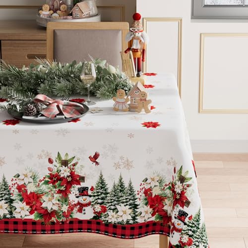 XCHI 60x104 Inch Red Plaid Poinsettia Snowman Christmas Tablecloth – Washable Rectangular Holiday Decor