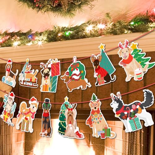 Cute Christmas Dog Puppy Reindeer Antlers Hanging Scarf Hat Banner for Xmas Birthday Holiday New Year Party Wall Home Office Decor