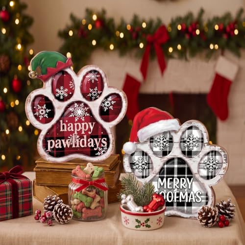 Memorywuu 2 Pcs Christmas Paw Print Table Decor Set - Buffalo Plaid Snowflake Variant
