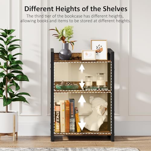 Rustic Brown 3-Tier Small Bookshelf Bookcase with Edge Protection