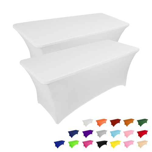 IVAPUPU 2 Pack 8FT Spring Table Cloth for Rectangular Fitted Events Stretch White Table Covers Washable Spandex Tablecloth Protector for Party, Wedding, Cocktail, Banquet, Festival