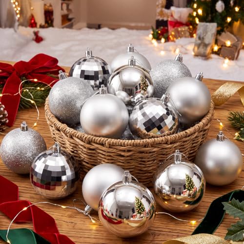 Hollowfly 20-Piece 4in Silver Christmas Ball Ornaments Bulk (Silver Finish, Matte/Gloss/Glitter/Diamond)