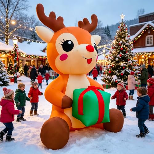 Christmas Reindeer 12ft Sitting Inflatable with Gift Box - EEkiiqi Outdoor LED Yard Decor