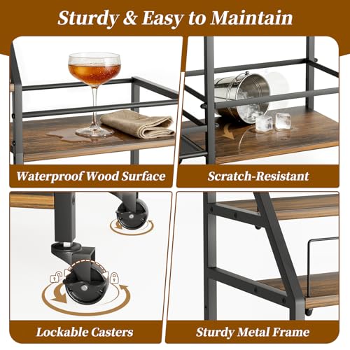 Large Black & Brown Rolling Bar Cart with Wine Glass Holder and 4-Bottle Wine Rack