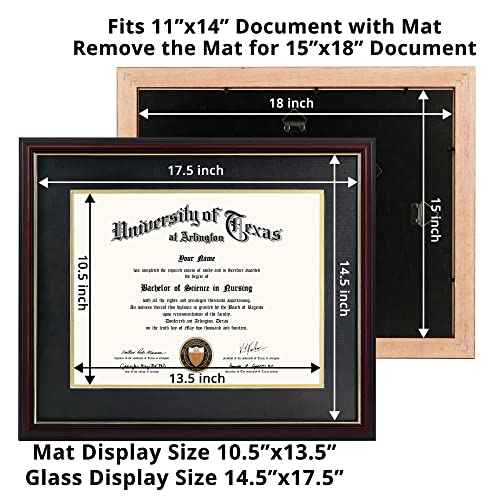 GraduationMall Cherry Finish Diploma Frame with Gold Trim for 11x14 & 15x18 Certificates, Black & Gold Mat Included