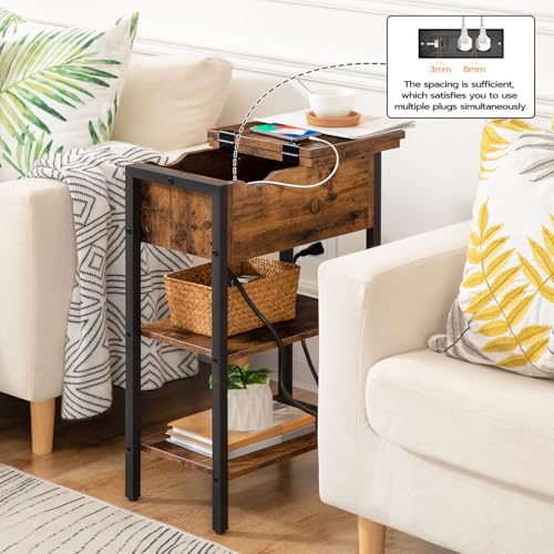 HOOBRO Rustic Brown & Black End Table with Charging Station, Flip Top Nightstand with USB & Outlets, Narrow Side Table for Small Spaces