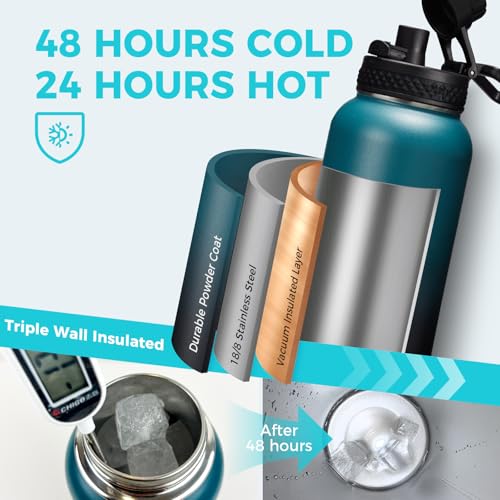 VICKNIY Indigo Black 40oz Insulated Water Bottle with Accessories – Keep Cold 48H Hot 24H, BPA-Free Stainless Steel, Paracord Handle, Carry Bag & Straw/Lid Options