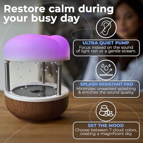 Mindsight Calming Cloud Water Fountain with Woodgrain Finish | Zen Desk Decor for Stress Relief & Focus