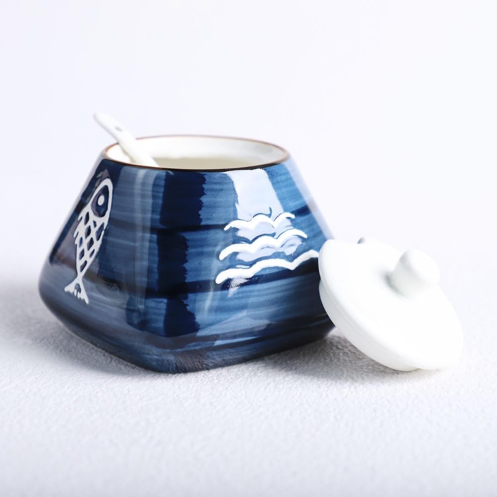 Skiennix Hand-Painted Ceramic Spice Jar - Stylish Seasoning Box with Lid & Spoon | Perfect Kitchen Gift