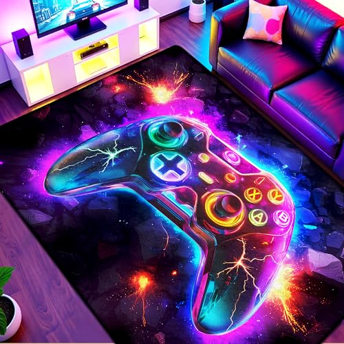 Game01 5x7 ft Neon Gaming Area Rug for Boys Room - Colorful Controller Carpet for Gamer Zone