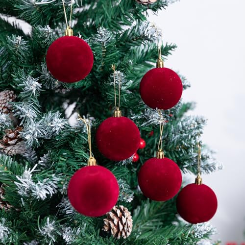 6pcs Velvet Christmas Balls 2.36 Inches Flocked Christmas Hanging Ornaments Ball Red Xmas Tree Velvet Balls for DIY Craft Projects Wedding Christmas Tree Home Decor