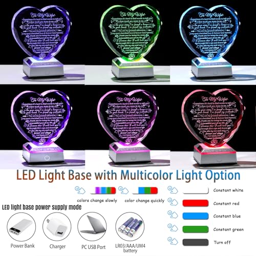 Gifts for Wife from Husband - Crystal Heart with Multicolor Base (Ornalrist) - Keepsake Night Light