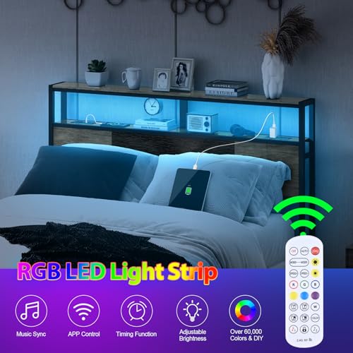 Queen Size Headboard with Charging Station & LED Light - Gray + Black