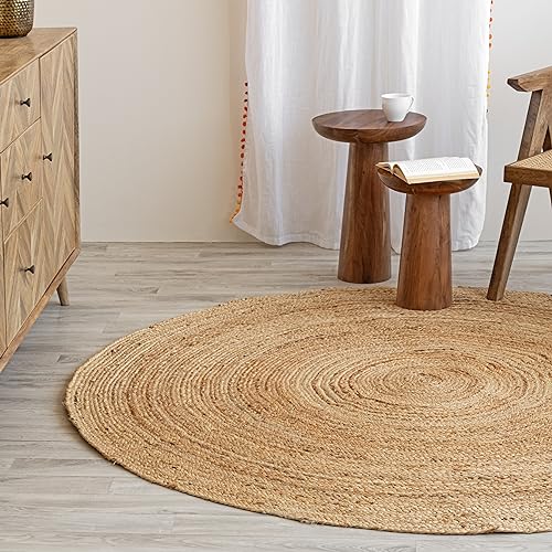 HOMEMONDE 5' Round Natural Handwoven Jute Area Rug - Reversible Boho Farmhouse Carpet