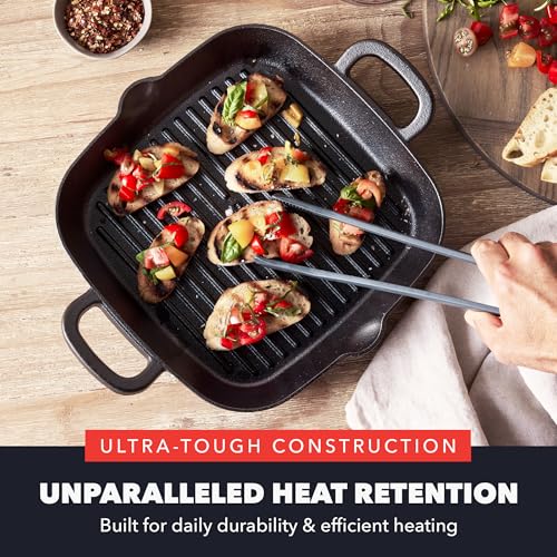 11-Inch Square Cast Iron Grill Pan - Pre-Seasoned Non-Stick Cookware with High Ridges