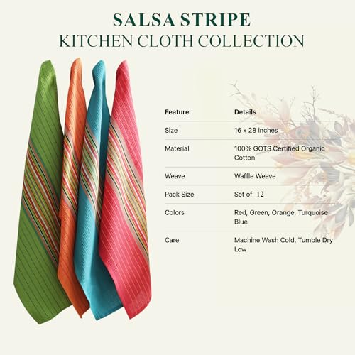 Set of 12 Salsa Stripe Kitchen Dish Towels - 100% Cotton Large Absorbent Waffle Tea Towels for Cooking & Drying