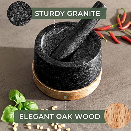 WALDWERK Oak Wood & Natural Granite Mortar and Pestle Set 6.1 Inch - Large Kitchen Grinder for Guacamole