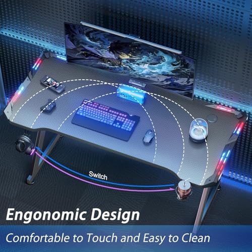 47 Inch Gaming Desk with Carbon Fiber Surface & LED Lights - Black, LED Version