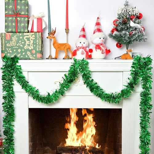 BLEUM CADE 32.8Ft Christmas Tinsel Garland, Green Tinsel Garland for Xmas Tree Decorations Holiday Birthday Wedding Party Supplies