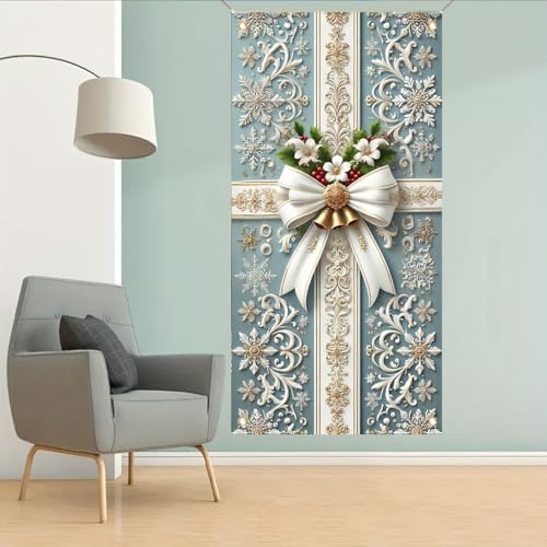 Christmas Door Cover Elegant White Bow Flowers Gold Bells 71x35 Inch - TOMHONG, Variation: Christmas Elegant Bow