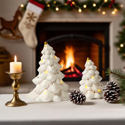 WDS WONDROUS Ceramic Christmas Tree Set of 2 White & Gold 5.1x3.1x6.2in Holiday Decor