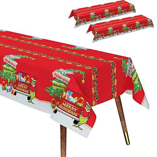 Christmas Tablecloths, Large Rectangular Disposable Tablecloth 52 by 110inch Premium Table Green and Red Plastic Tablecloth for Christmas Decoration
