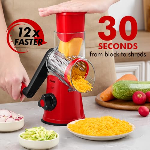Geedel Red Rotary Cheese Grater Hand Crank with 3 Blades for Cheese & Vegetables