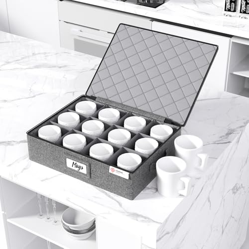 Mug and Cup Storage Box 2 Pack with Hard Shell and Dividers - Stackable Organizer for Coffee Mugs, Tea Cups, Glasses, Handles, Zips, Label, Grey