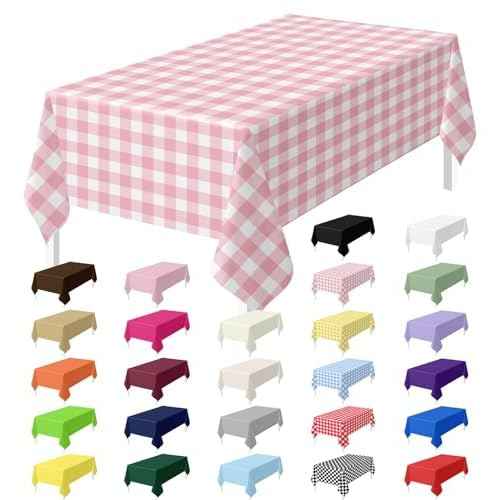 HEIPINIUYE 2 Pack Pink Gingham Tablecloth Disposable 54 x 108 Inch Pink and White Plaid Plastic Table Cloth Disposable Rectangle Table Cover for Party Birthday Picnic Checkered Tablecloths