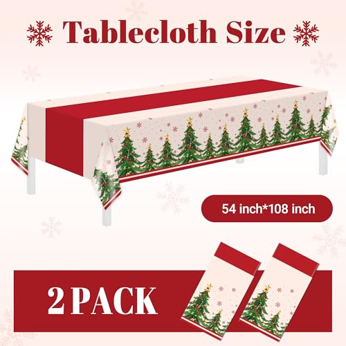 Christmas Disposable Tablecloths, 2 Pack Plastic Table Covers for Rectangle Tables 54 x 108 Inch, Tree Tablecloth Decorations for Party Supplies, Home, Indoor, Outdoor