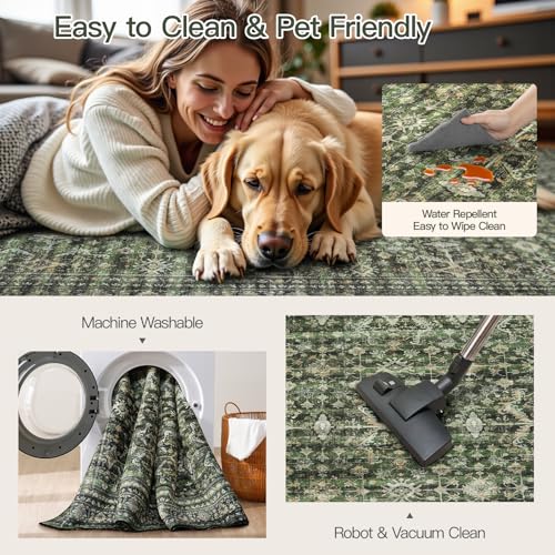 Green 8x10 Area Rug - Washable Non-Slip Vintage Floral Carpet for Living Room